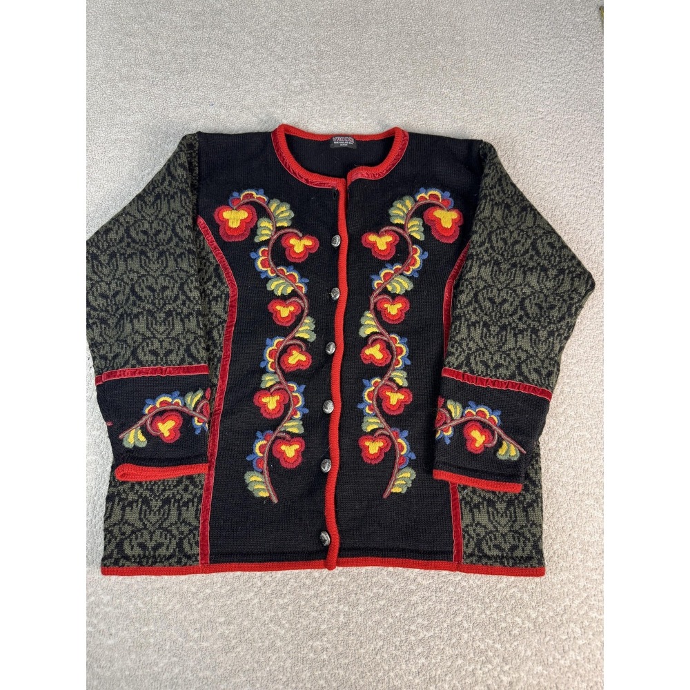 Vrikke‎ Cardigan Sweater Womens Large Black Multicolor Embroidered Wool Floral